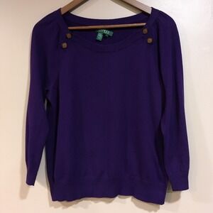 LRL Ralph Lauren Shoulder Button Sweater Womens L Purple Classic Preppy Academia